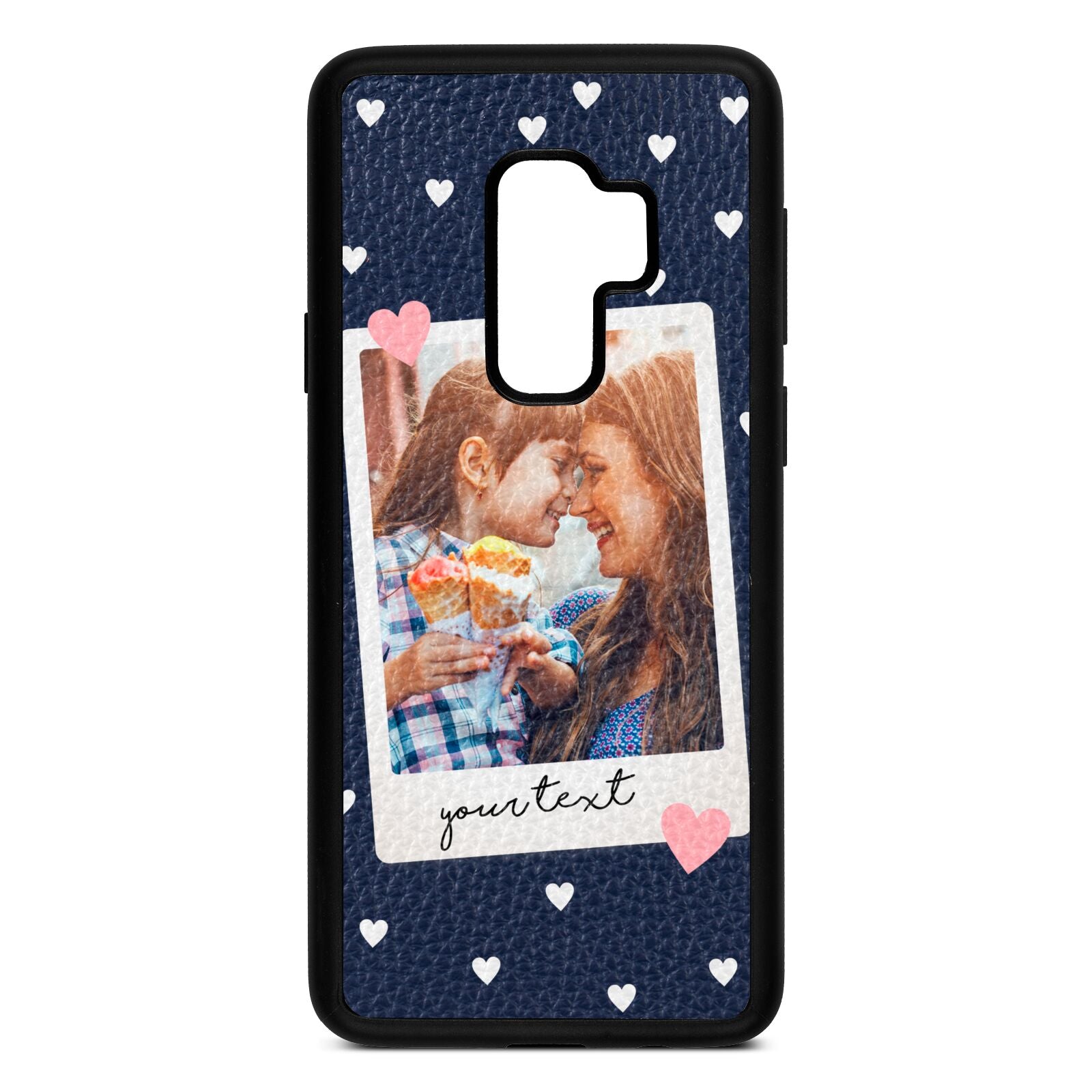 Personalised Photo Love Hearts Navy Blue Pebble Leather Samsung S9 Plus Case
