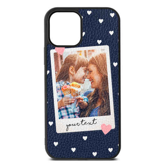 Personalised Photo Love Hearts Navy Blue Pebble Leather iPhone 12 Case