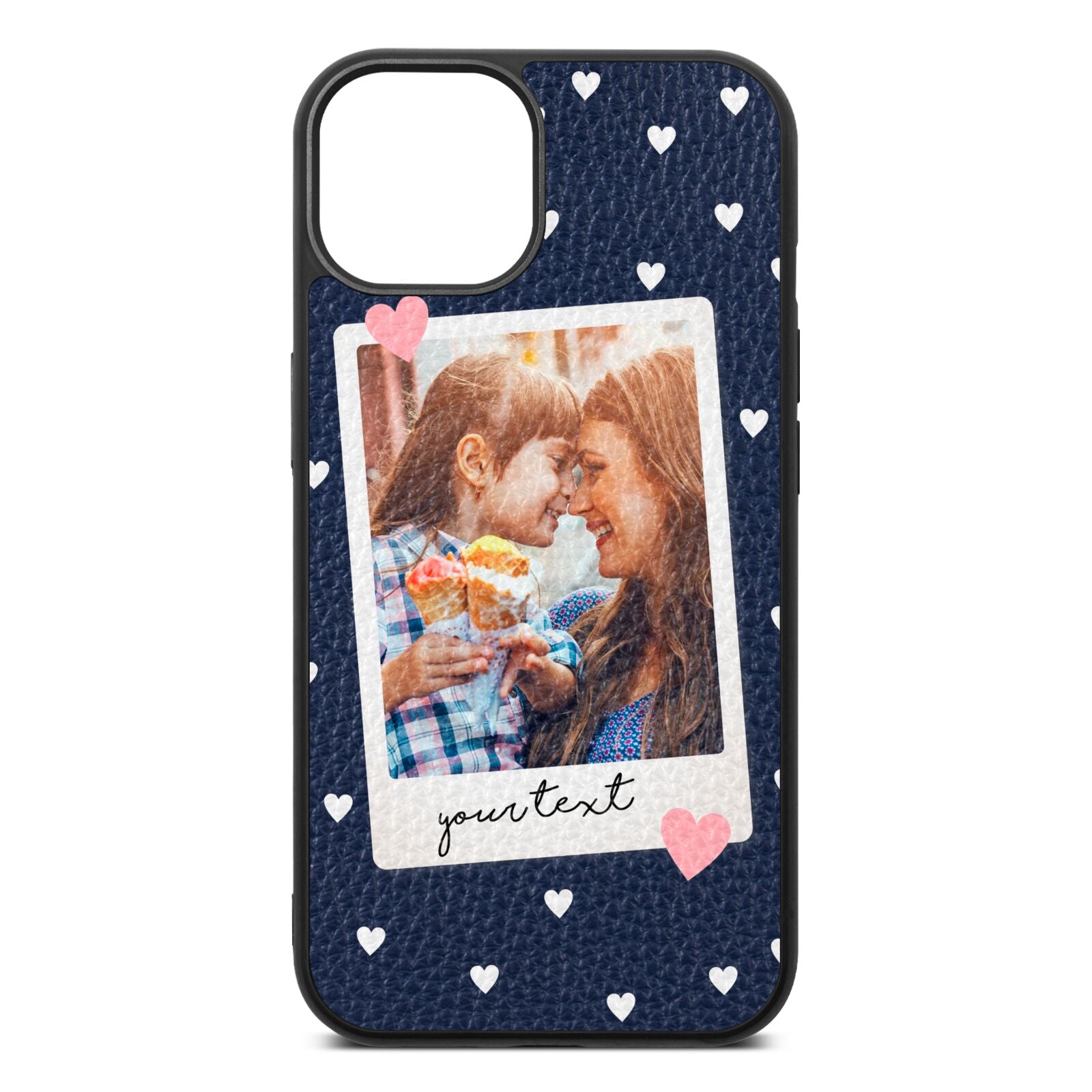 Personalised Photo Love Hearts Navy Blue Pebble Leather iPhone 13 Case
