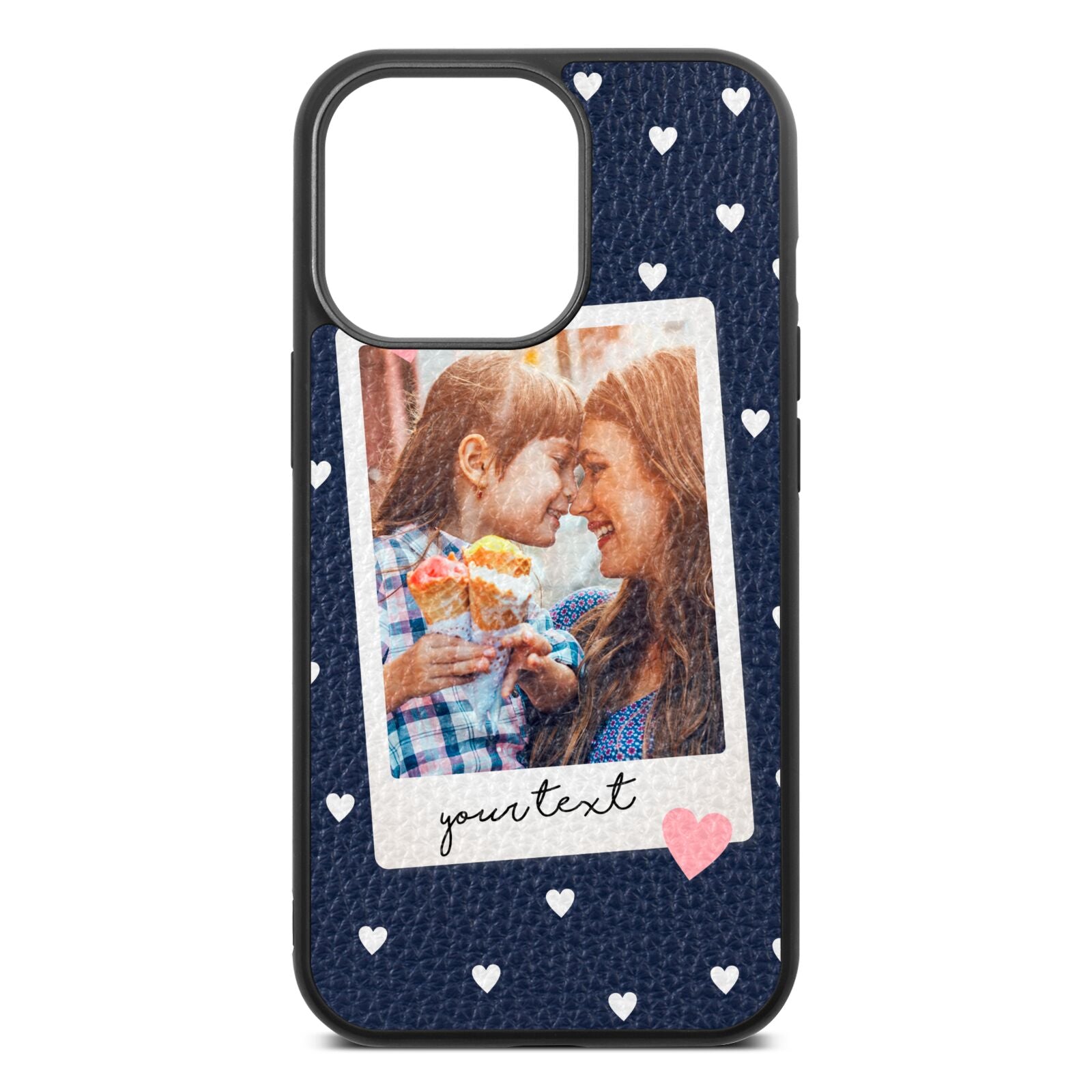 Personalised Photo Love Hearts Navy Blue Pebble Leather iPhone 13 Pro Case