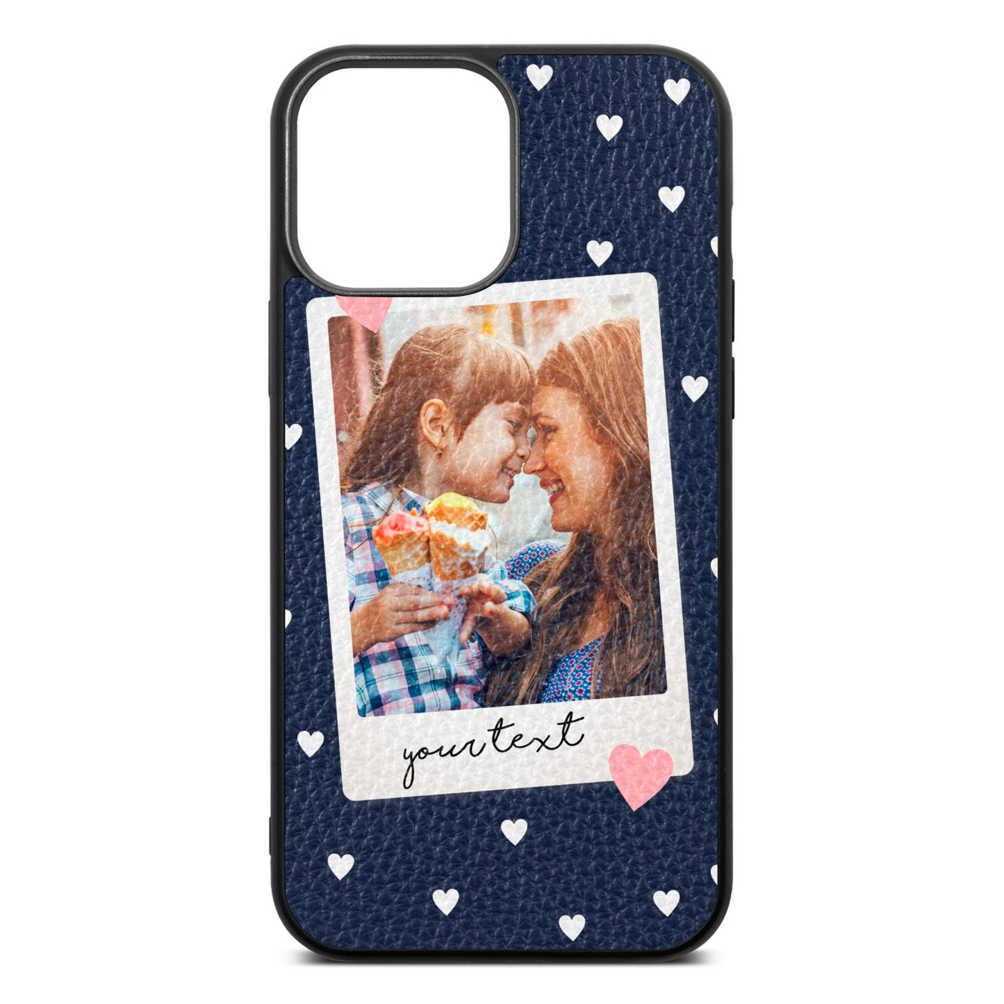 Personalised Photo Love Hearts Navy Blue Pebble Leather iPhone 13 Pro Max Case
