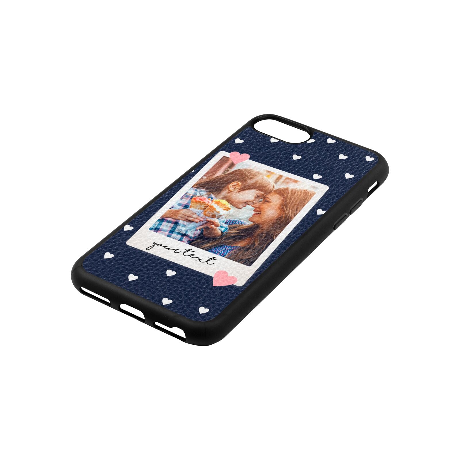 Personalised Photo Love Hearts Navy Blue Pebble Leather iPhone 8 Case Side Angle