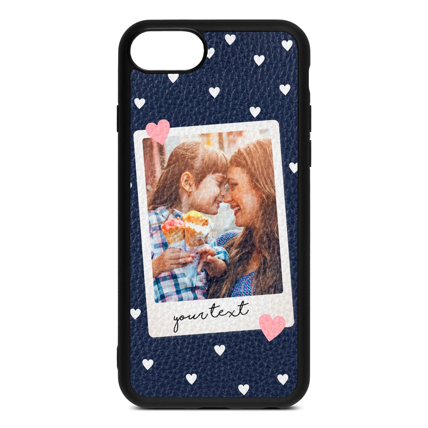 Personalised Photo Love Hearts Navy Blue Pebble Leather iPhone 8 Case