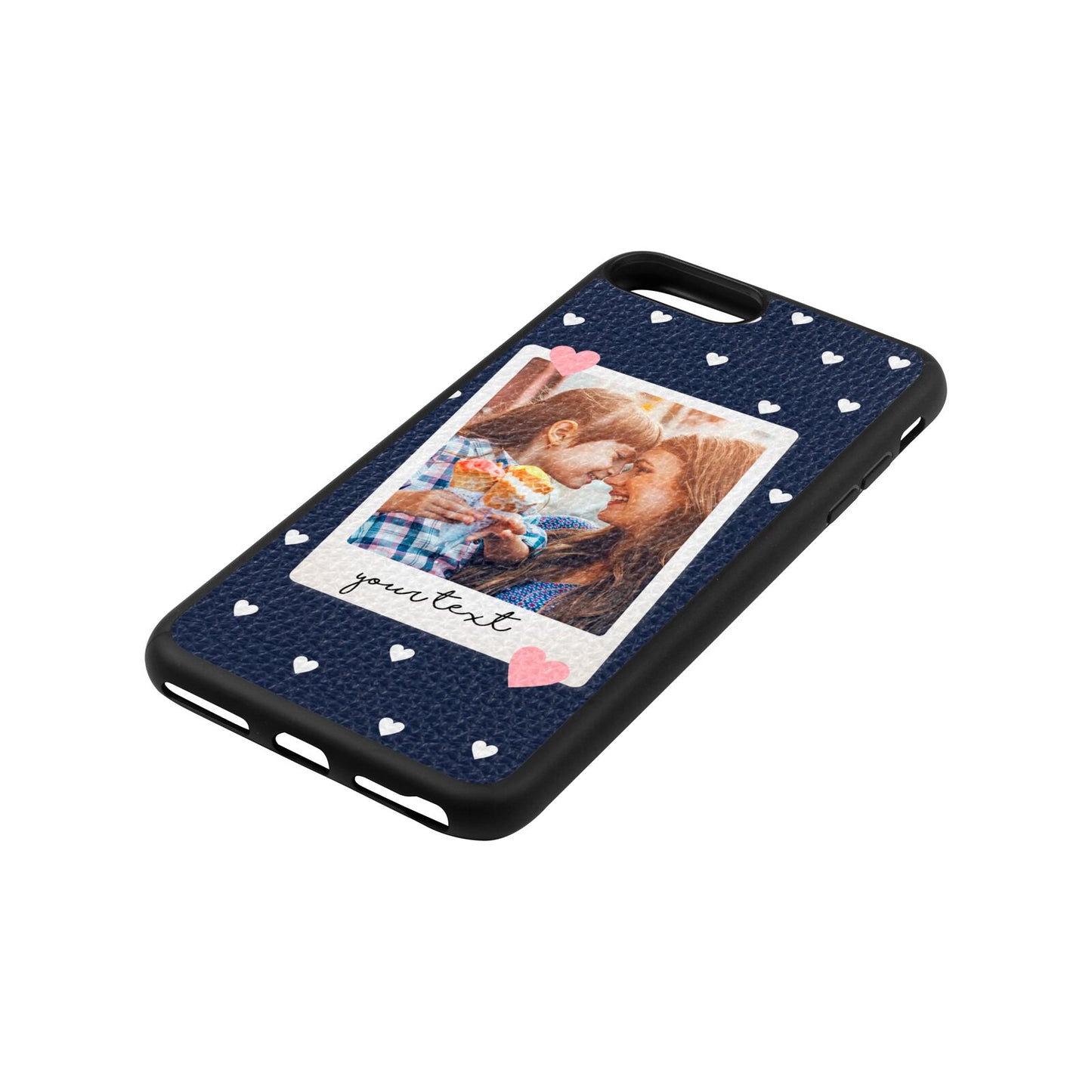 Personalised Photo Love Hearts Navy Blue Pebble Leather iPhone 8 Plus Case Side Angle
