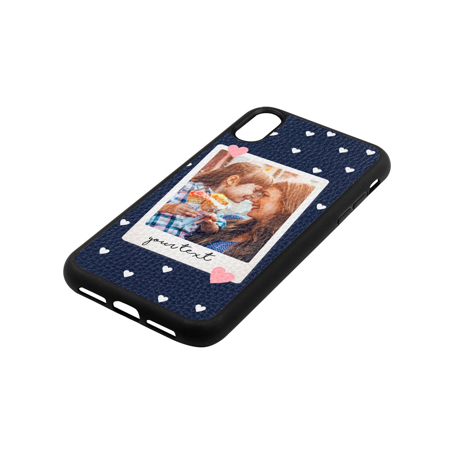 Personalised Photo Love Hearts Navy Blue Pebble Leather iPhone Xr Case Side Angle