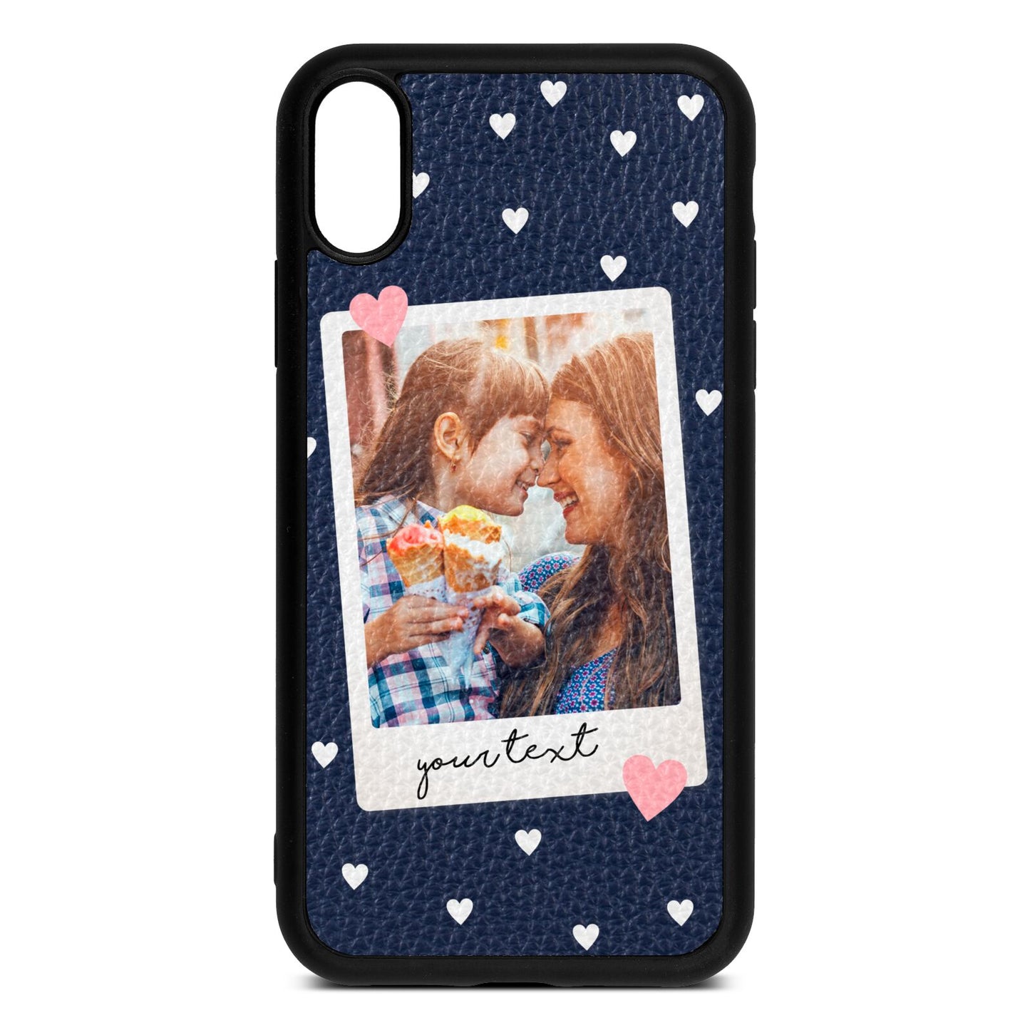 Personalised Photo Love Hearts Navy Blue Pebble Leather iPhone Xr Case