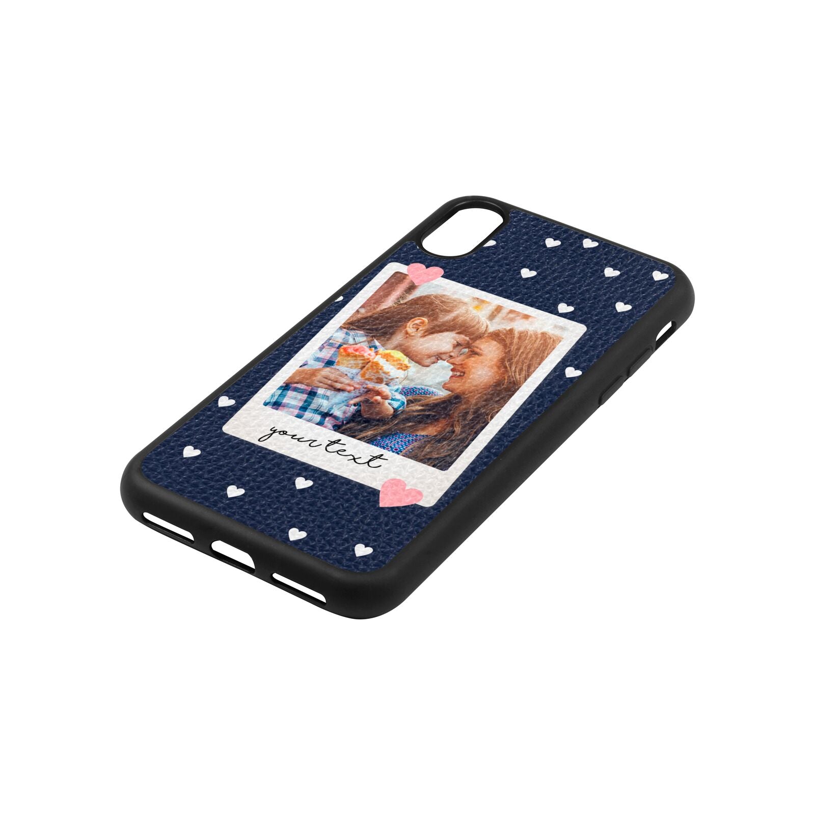 Personalised Photo Love Hearts Navy Blue Pebble Leather iPhone Xs Case Side Image