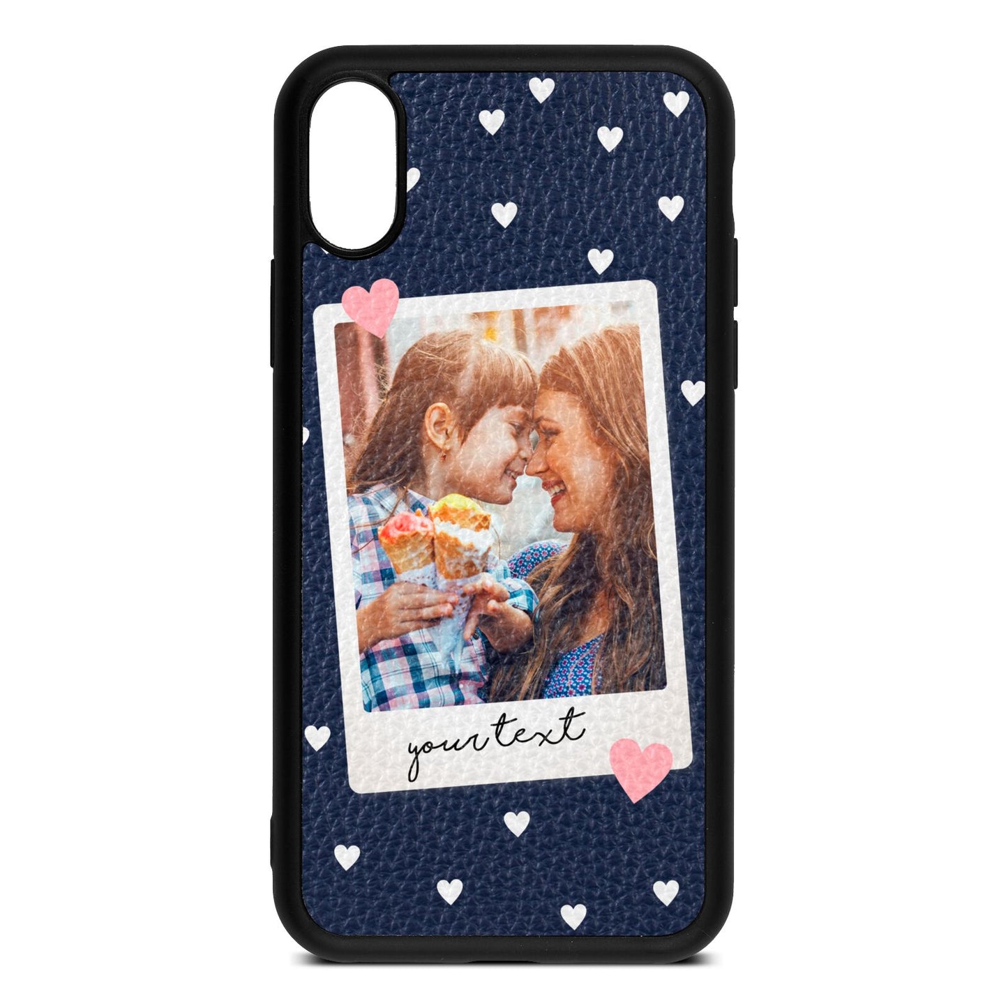 Personalised Photo Love Hearts Navy Blue Pebble Leather iPhone Xs Case