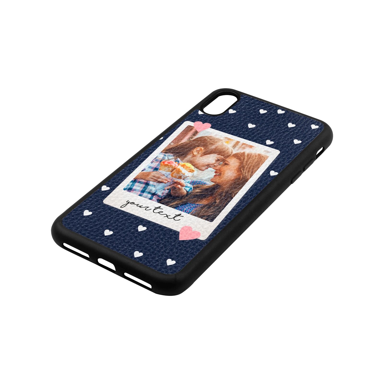 Personalised Photo Love Hearts Navy Blue Pebble Leather iPhone Xs Max Case Side Image