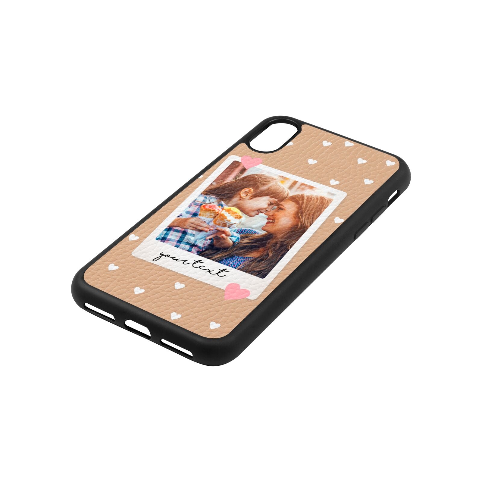Personalised Photo Love Hearts Nude Pebble Leather iPhone Xs Case Side Angle