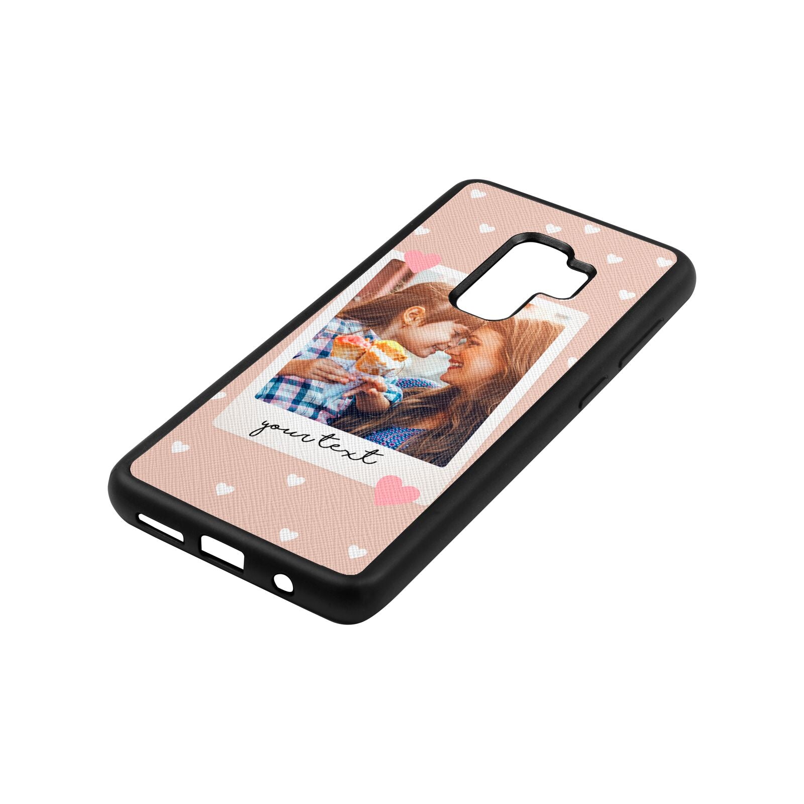Personalised Photo Love Hearts Nude Saffiano Leather Samsung S9 Plus Case Side Angle