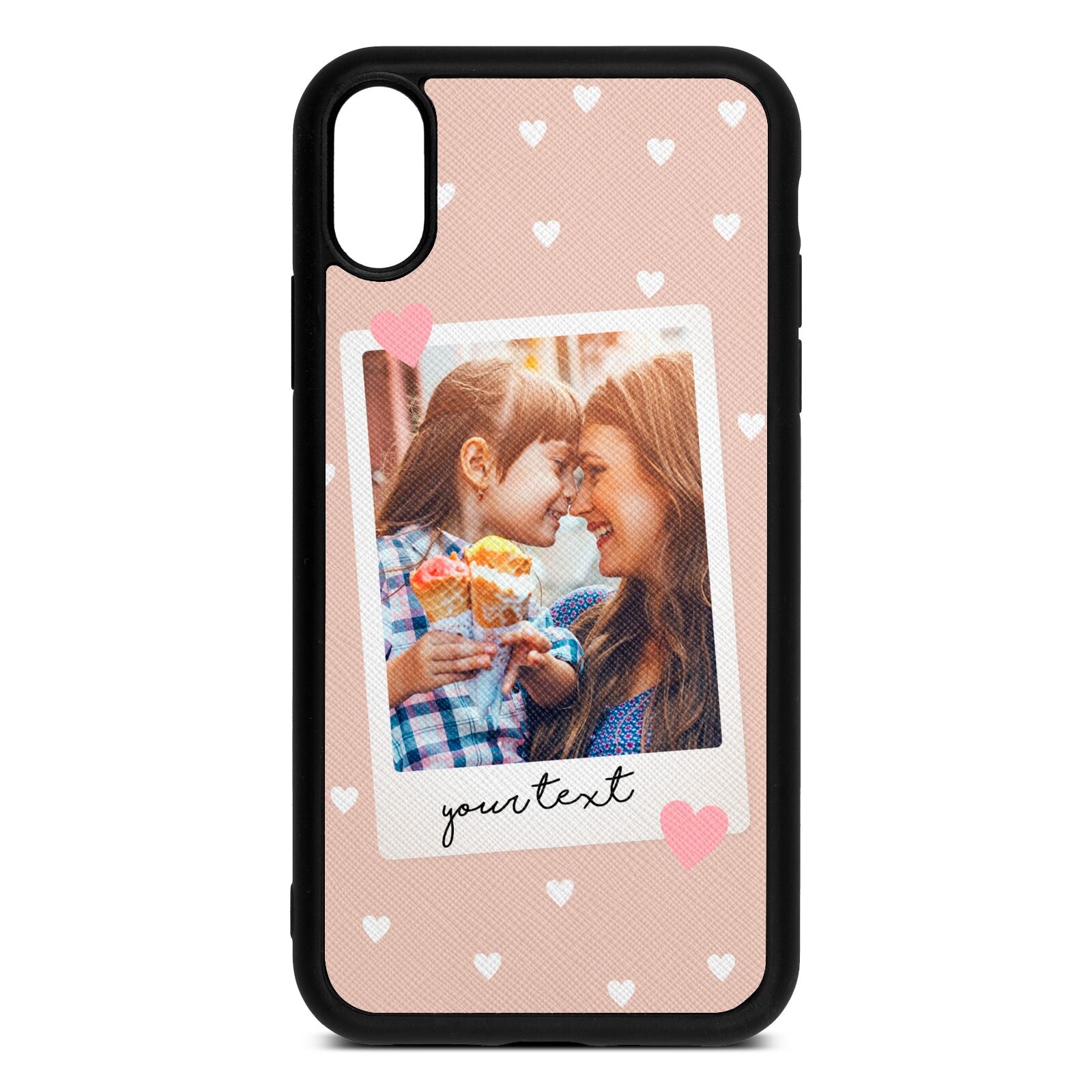 Personalised Photo Love Hearts Nude Saffiano Leather iPhone Xr Case