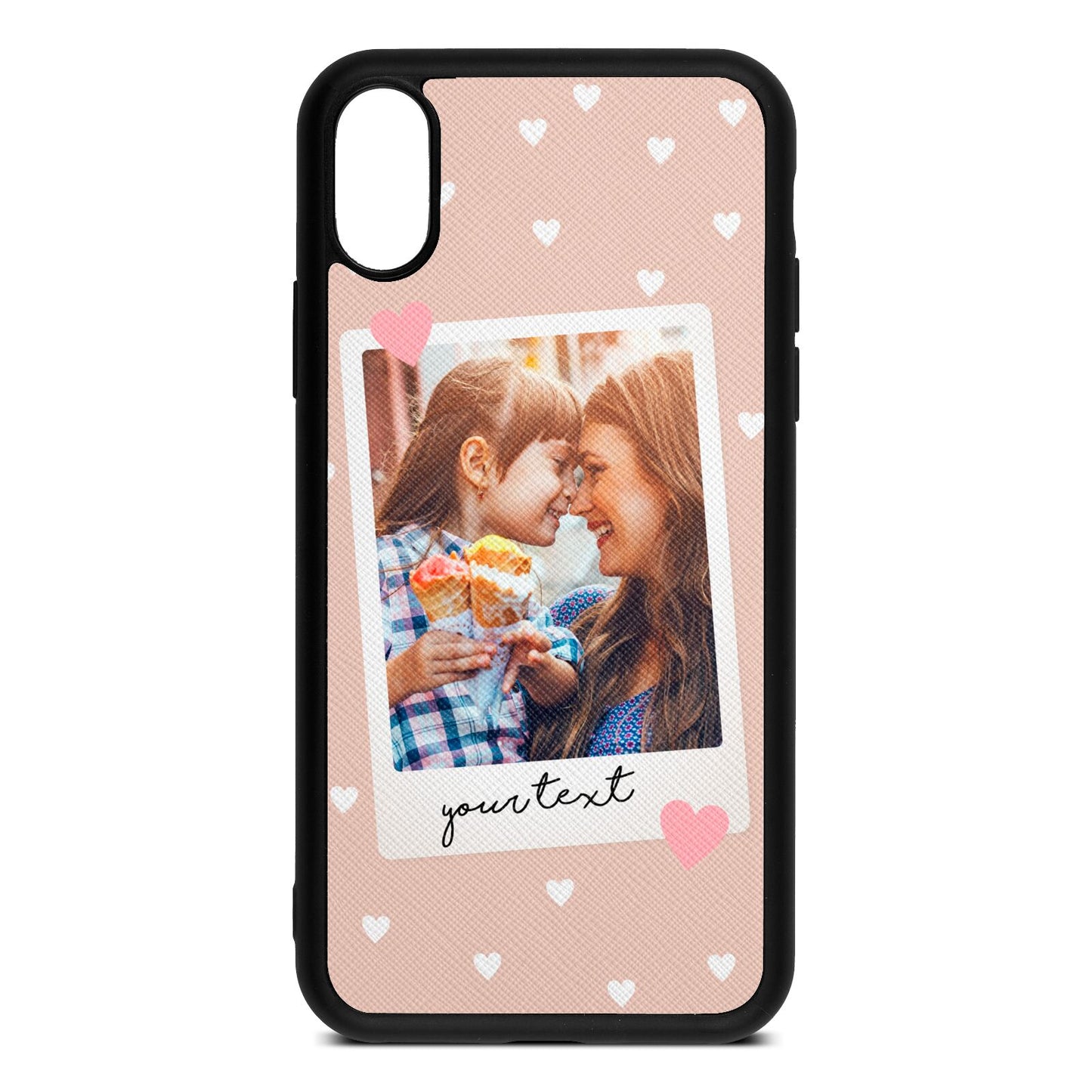 Personalised Photo Love Hearts Nude Saffiano Leather iPhone Xs Case