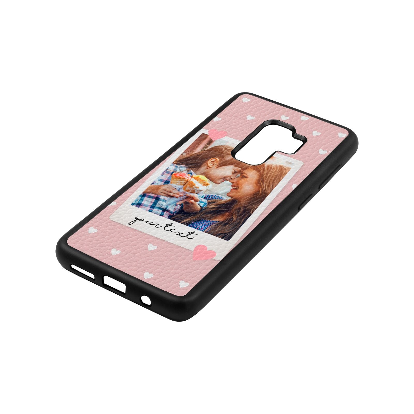 Personalised Photo Love Hearts Pink Pebble Leather Samsung S9 Plus Case Side Angle
