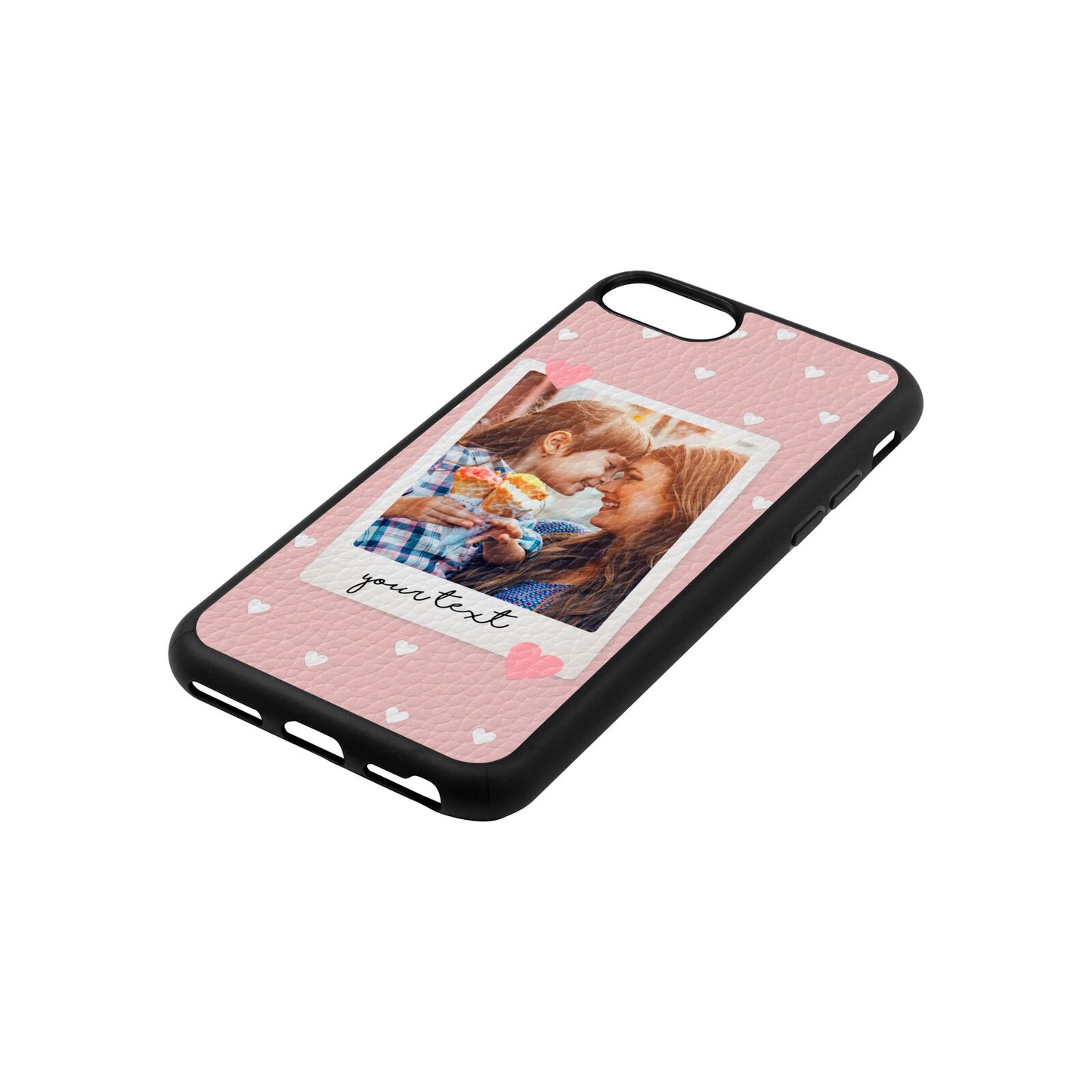 Personalised Photo Love Hearts Pink Pebble Leather iPhone 8 Case Side Angle