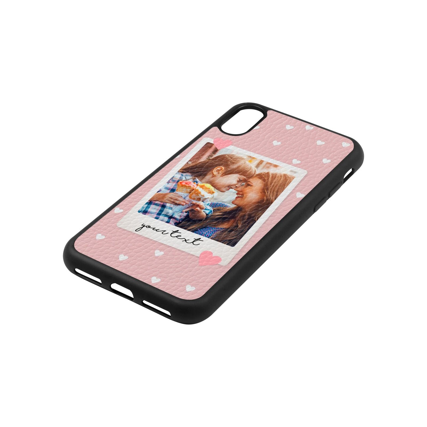 Personalised Photo Love Hearts Pink Pebble Leather iPhone Xs Case Side Angle