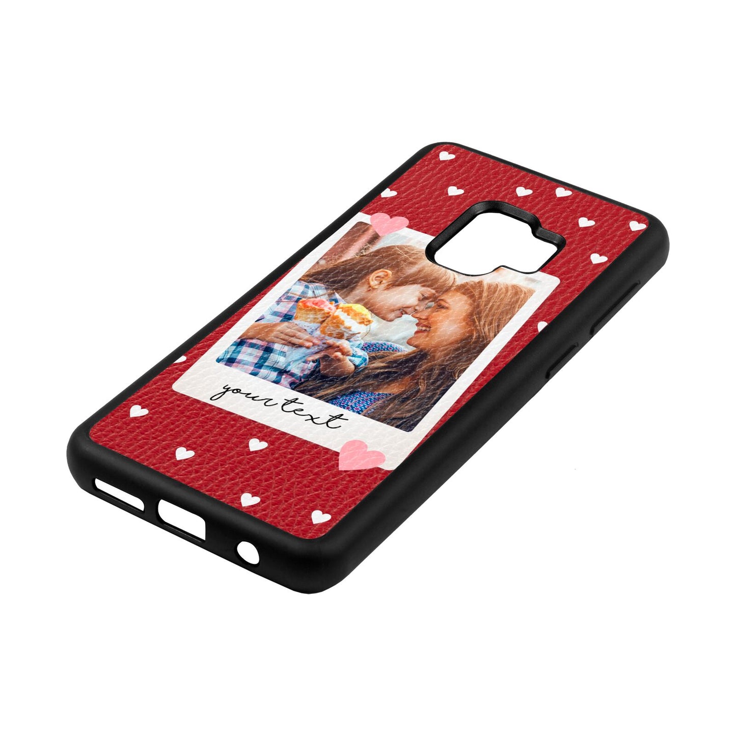 Personalised Photo Love Hearts Red Pebble Leather Samsung S9 Case Side Angle