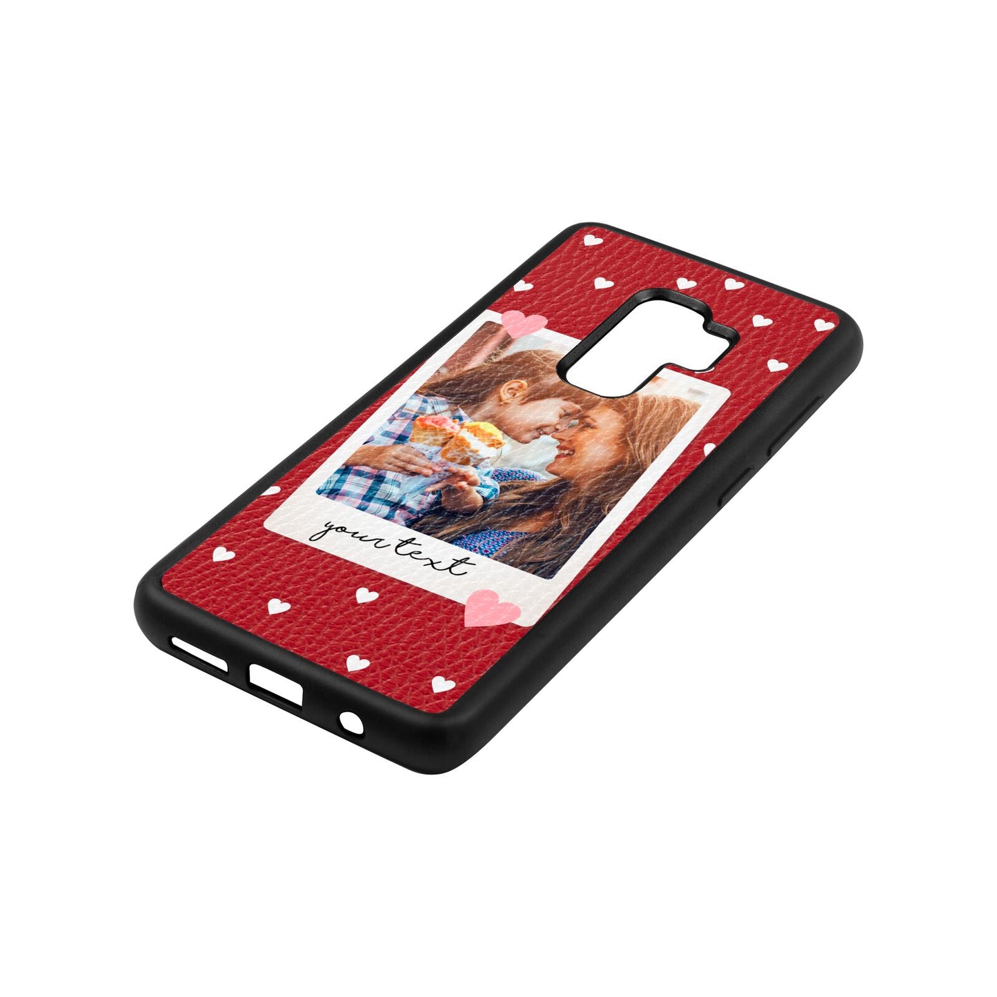 Personalised Photo Love Hearts Red Pebble Leather Samsung S9 Plus Case Side Angle