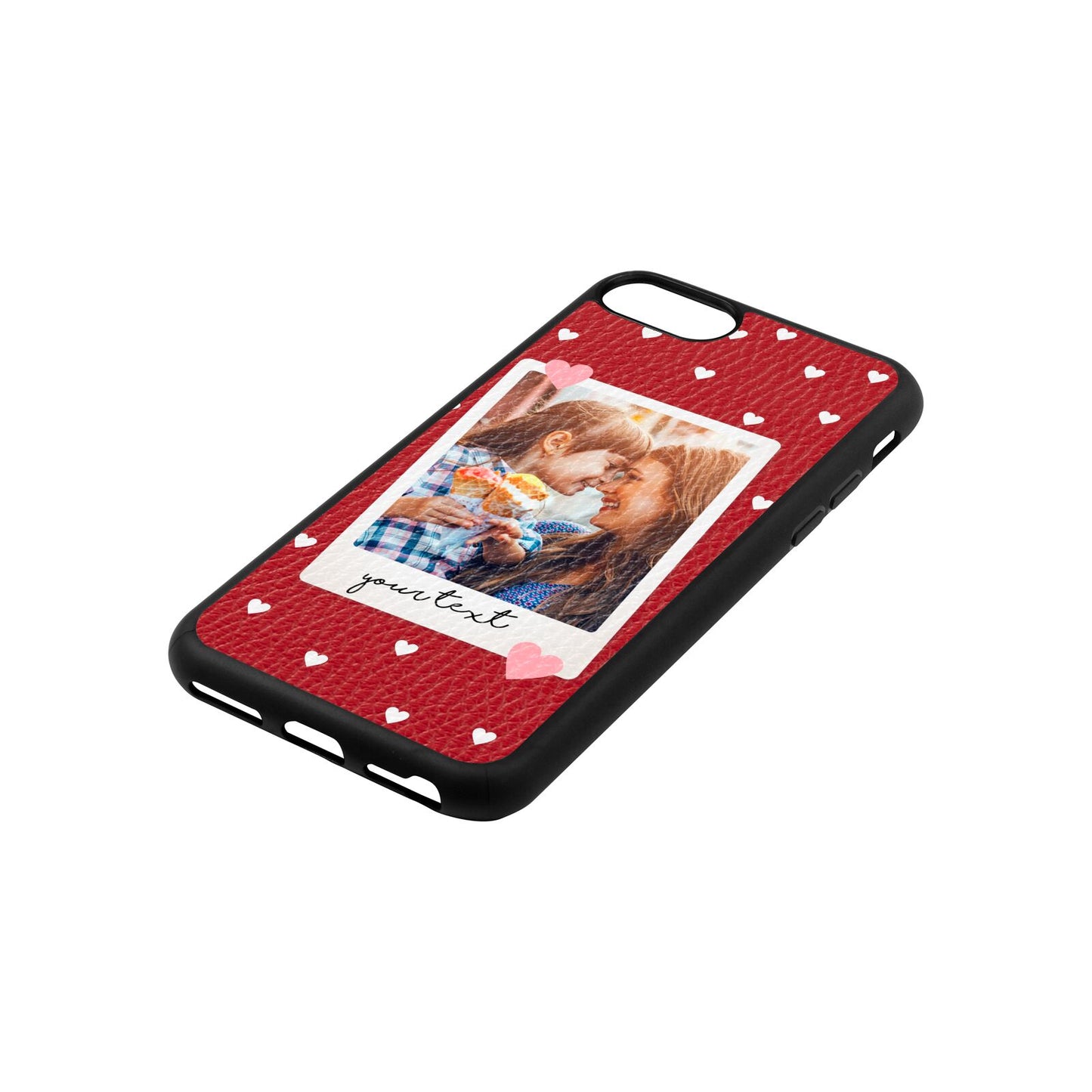 Personalised Photo Love Hearts Red Pebble Leather iPhone 8 Case Side Angle