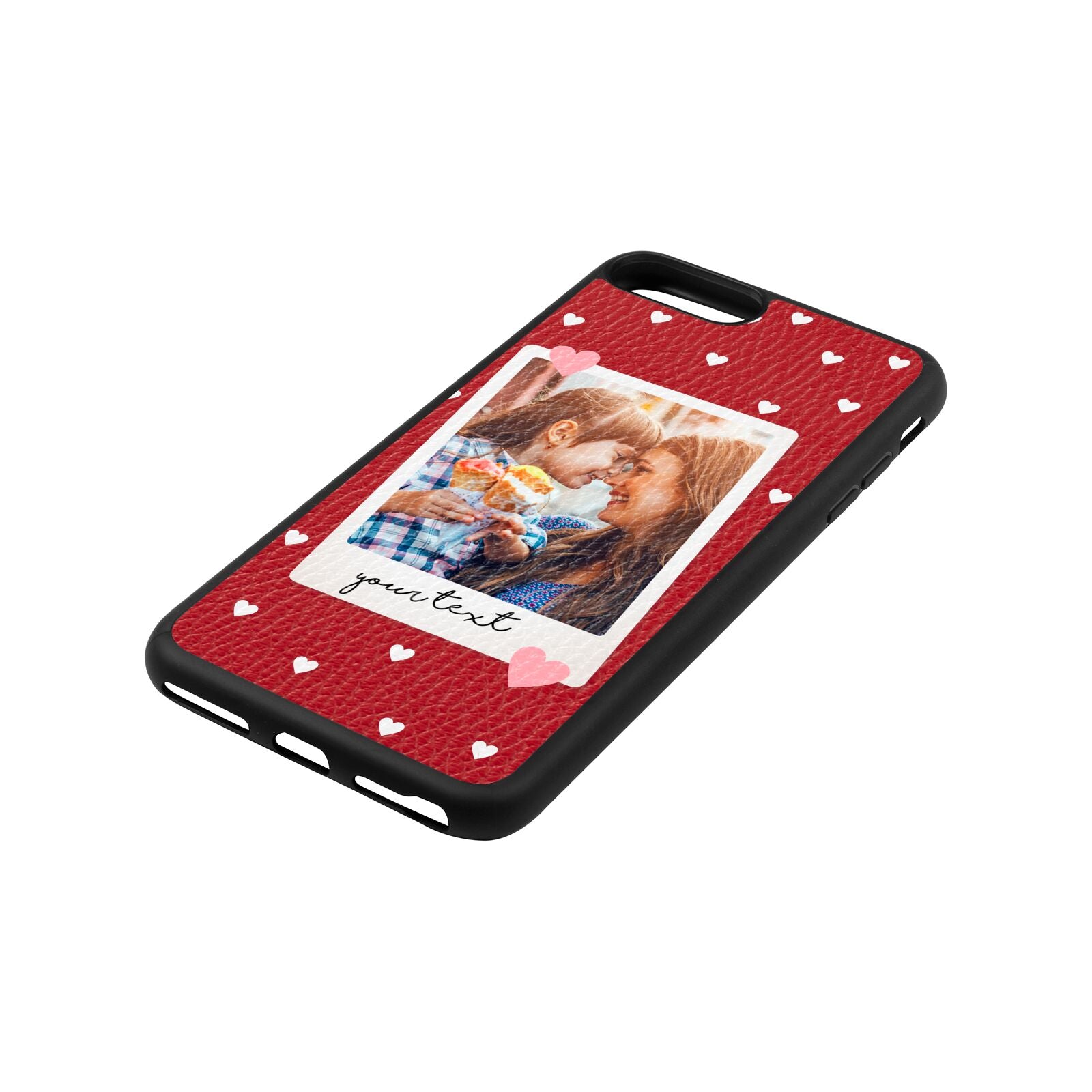 Personalised Photo Love Hearts Red Pebble Leather iPhone 8 Plus Case Side Angle