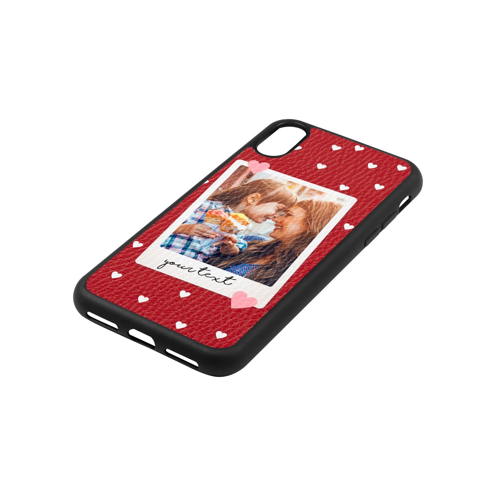 Personalised Photo Love Hearts Red Pebble Leather iPhone Xs Case Side Angle