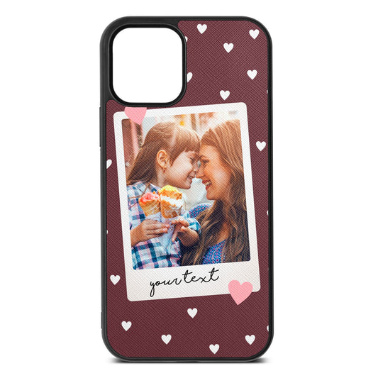 Personalised Photo Love Hearts Rose Brown Saffiano Leather iPhone 12 Case