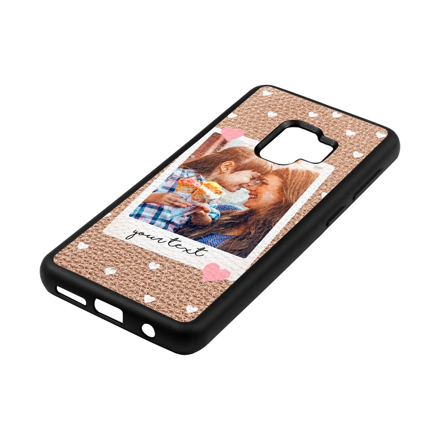 Personalised Photo Love Hearts Rose Gold Pebble Leather Samsung S9 Case Side Angle