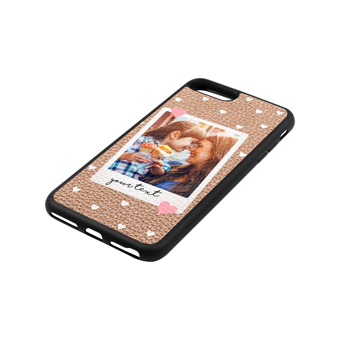 Personalised Photo Love Hearts Rose Gold Pebble Leather iPhone 8 Plus Case Side Angle