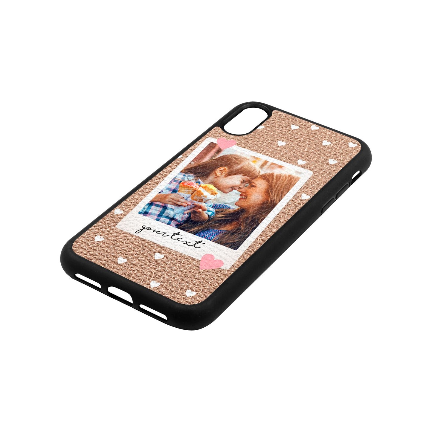 Personalised Photo Love Hearts Rose Gold Pebble Leather iPhone Xr Case Side Angle