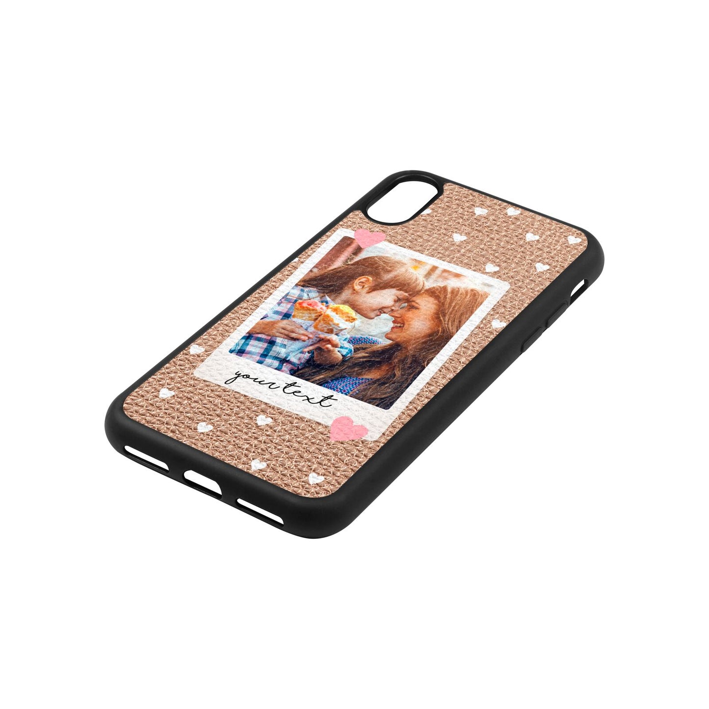 Personalised Photo Love Hearts Rose Gold Pebble Leather iPhone Xs Case Side Angle