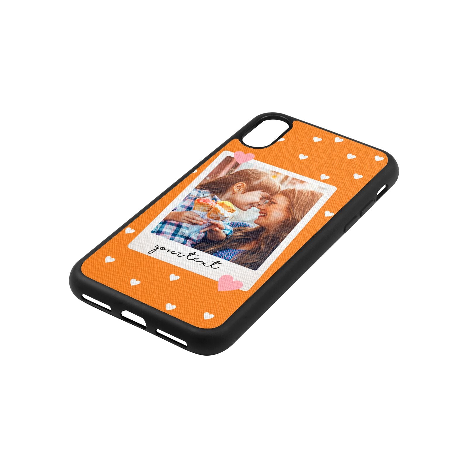 Personalised Photo Love Hearts Saffron Saffiano Leather iPhone Xs Case Side Angle