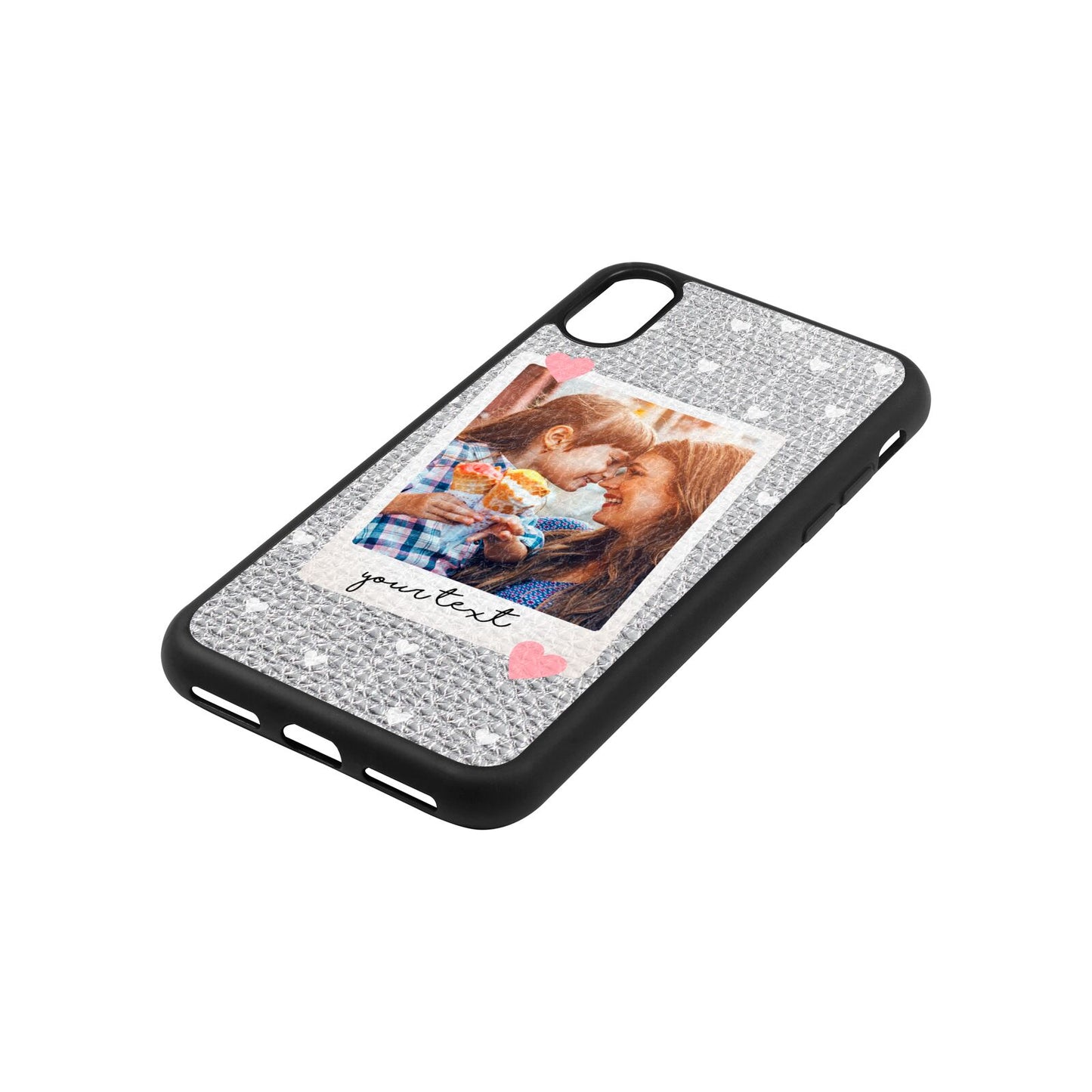 Personalised Photo Love Hearts Silver Gold Pebble Leather iPhone Xs Case Side Angle