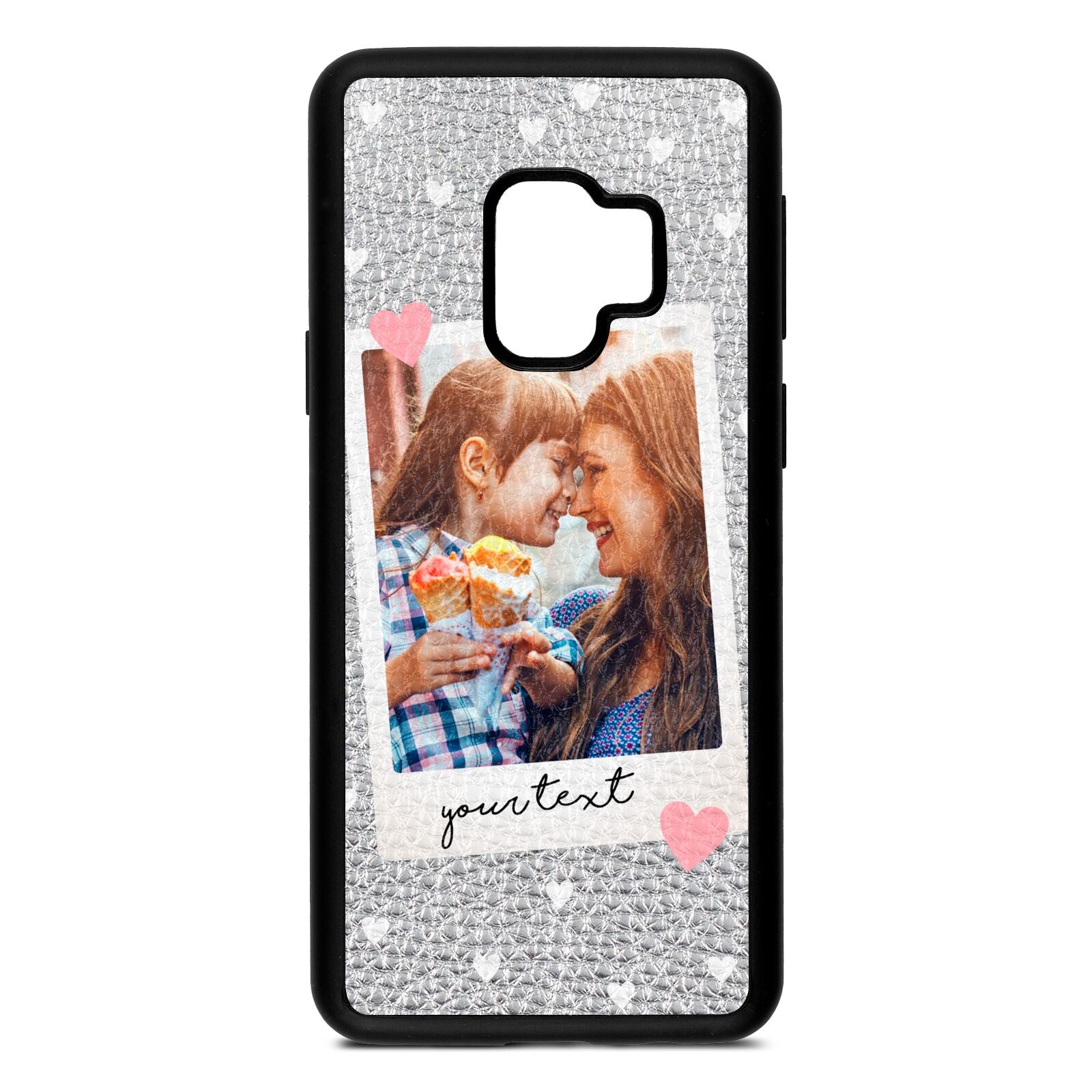 Personalised Photo Love Hearts Silver Pebble Leather Samsung S9 Case