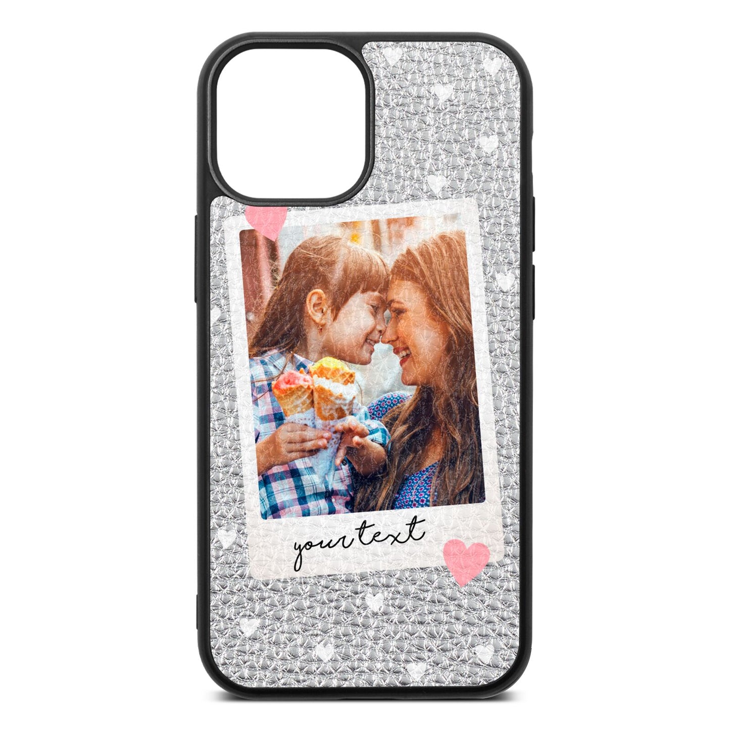 Personalised Photo Love Hearts Silver Pebble Leather iPhone 13 Mini Case
