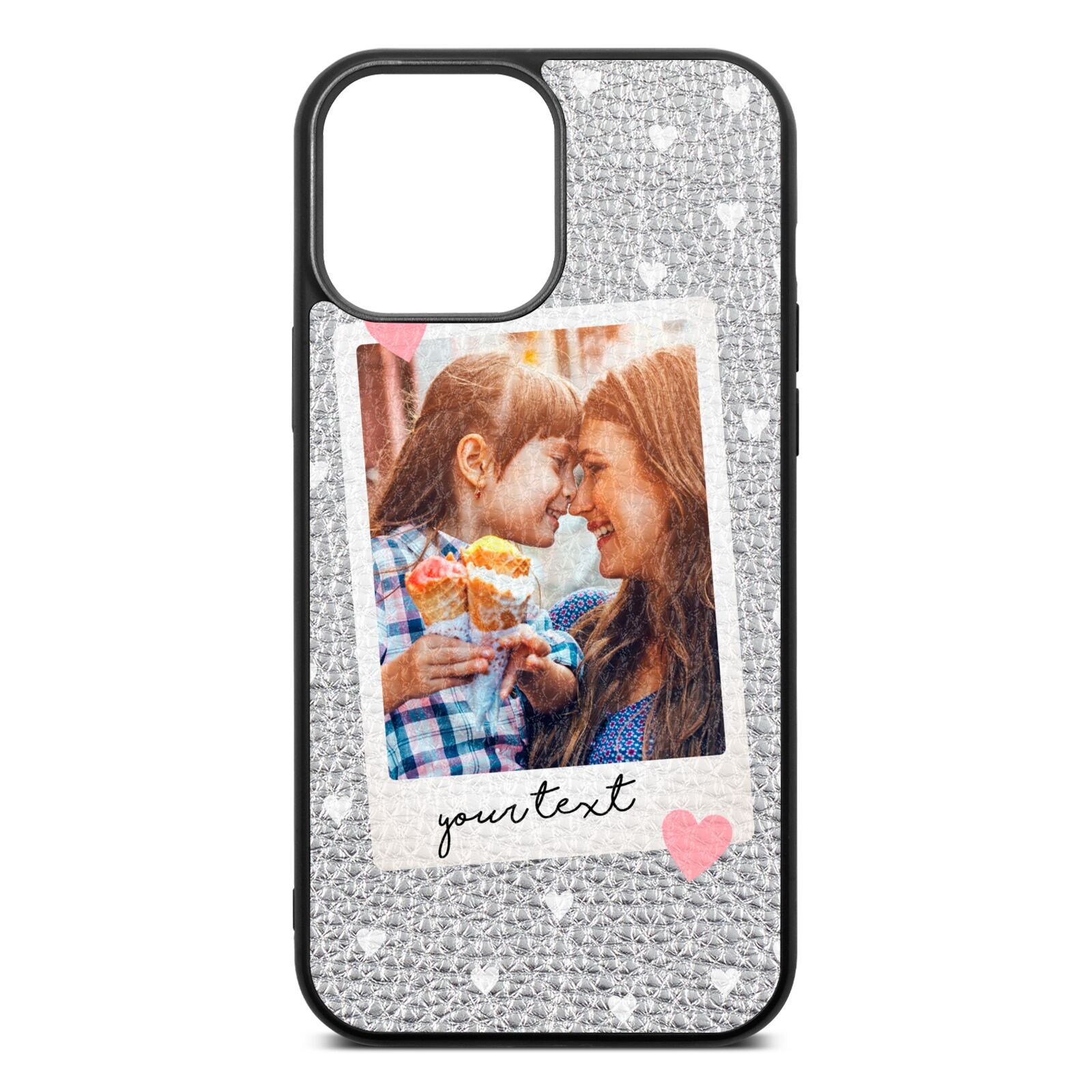 Personalised Photo Love Hearts Silver Pebble Leather iPhone 13 Pro Max Case