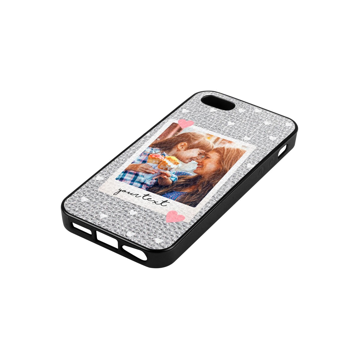 Personalised Photo Love Hearts Silver Pebble Leather iPhone 5 Case Side Angle