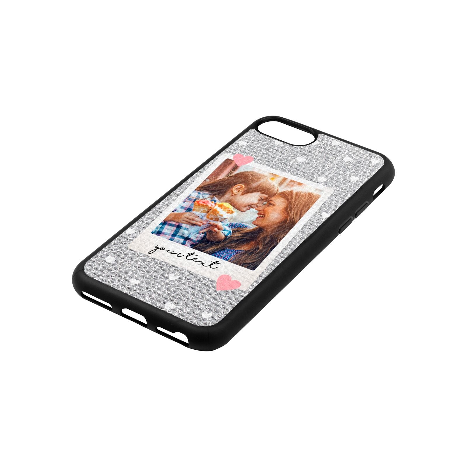 Personalised Photo Love Hearts Silver Pebble Leather iPhone 8 Case Side Angle