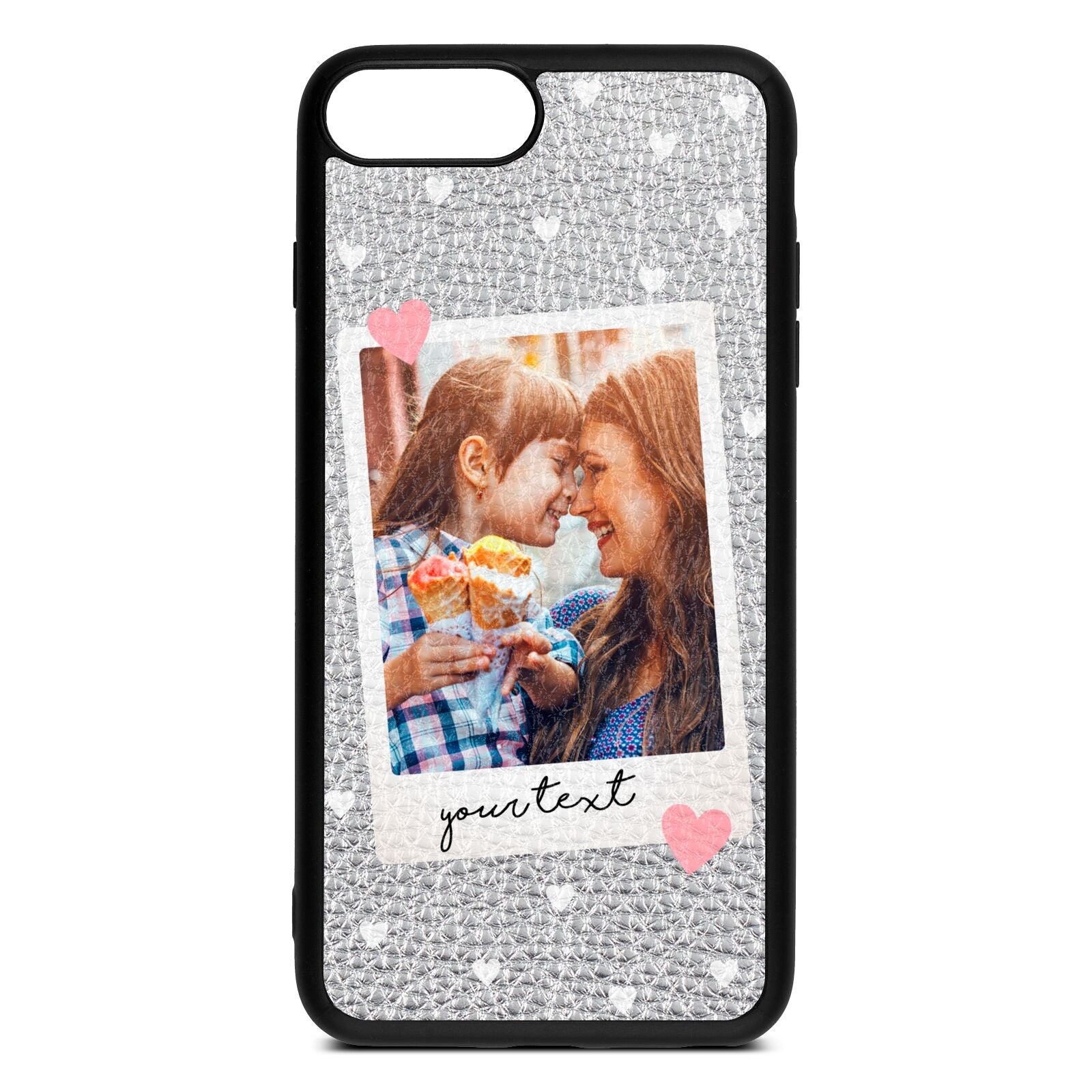Personalised Photo Love Hearts Silver Pebble Leather iPhone 8 Plus Case
