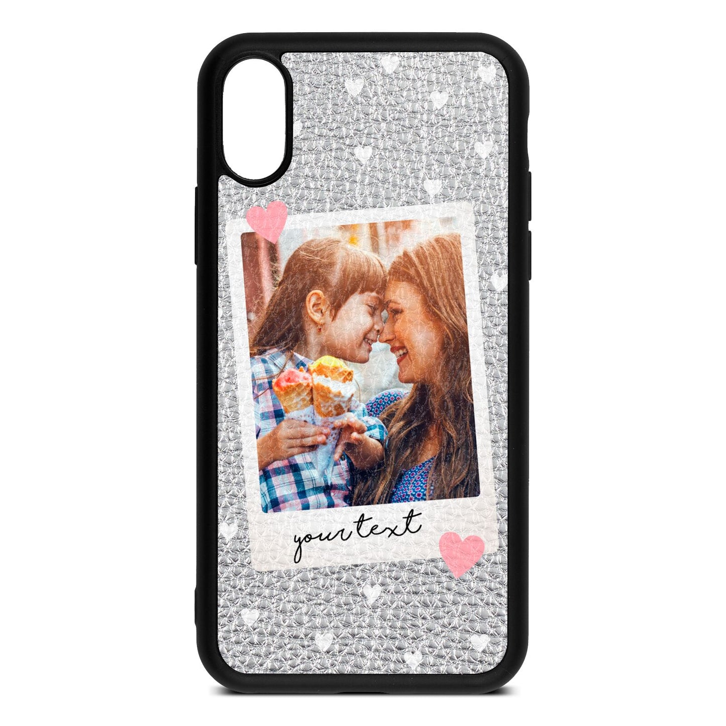 Personalised Photo Love Hearts Silver Pebble Leather iPhone Xs Case
