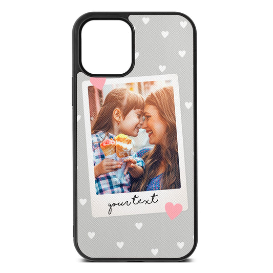 Personalised Photo Love Hearts Silver Saffiano Leather iPhone 12 Case