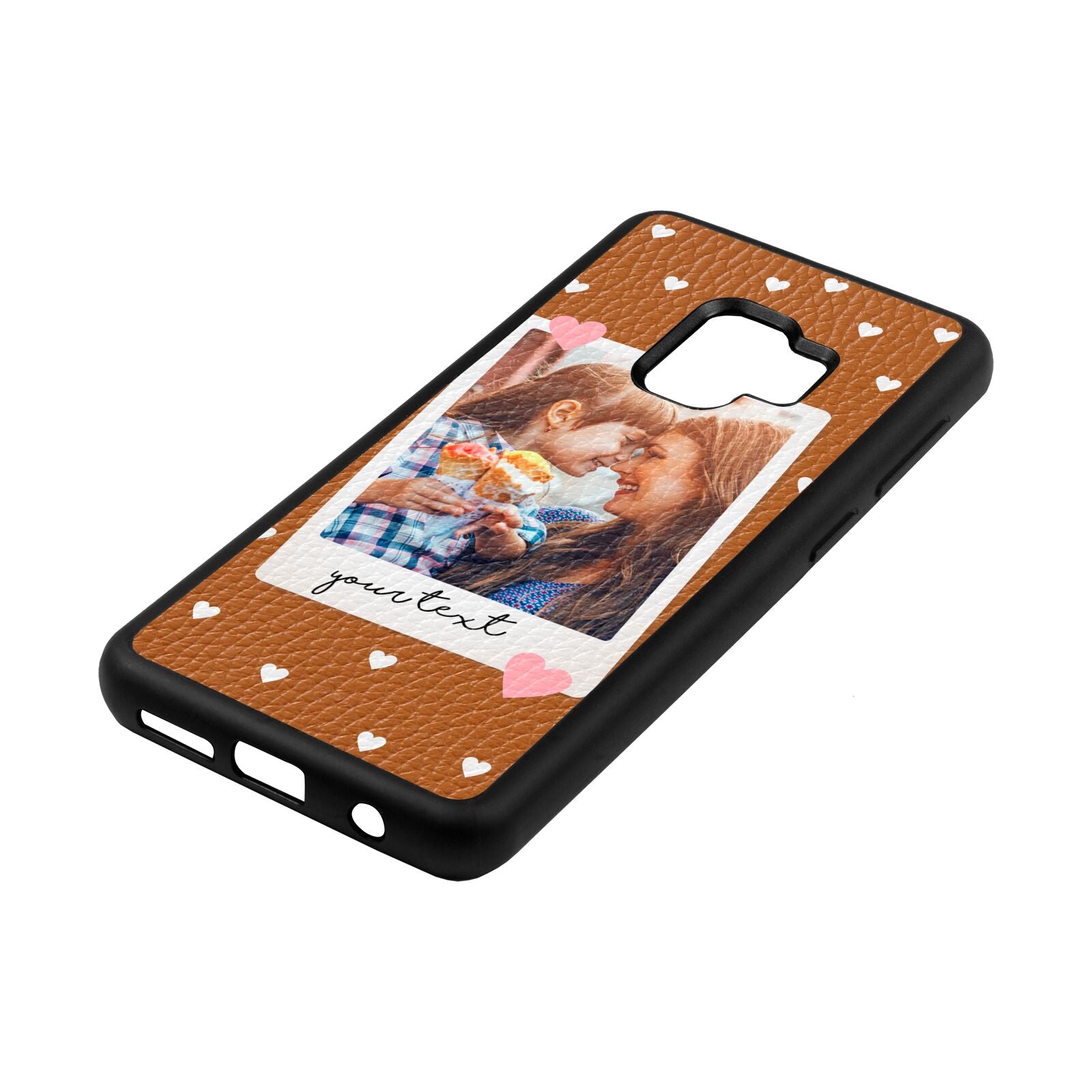 Personalised Photo Love Hearts Tan Pebble Leather Samsung S9 Case Side Angle