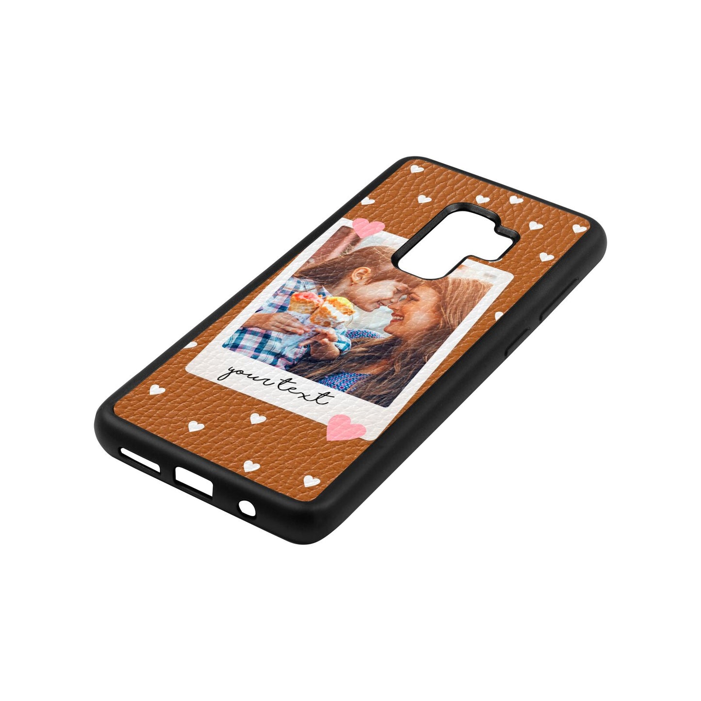 Personalised Photo Love Hearts Tan Pebble Leather Samsung S9 Plus Case Side Angle