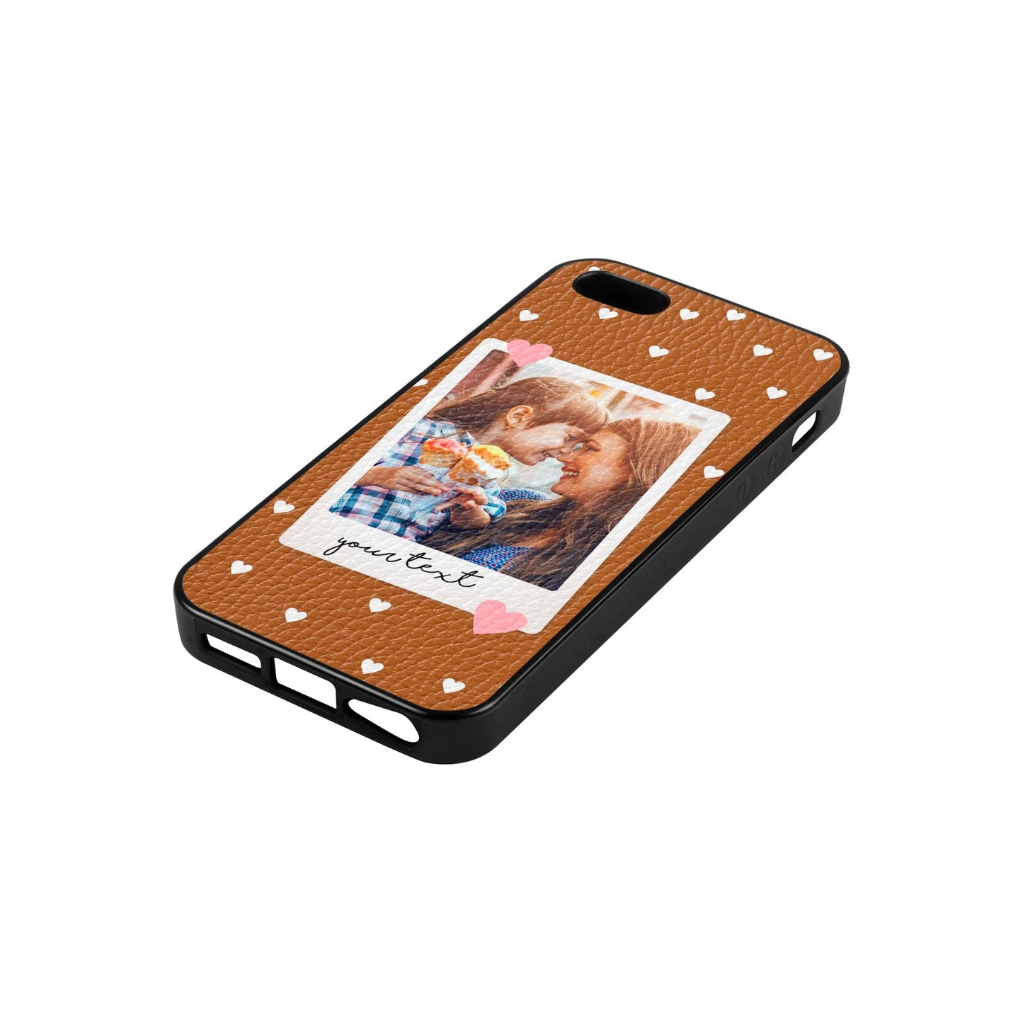 Personalised Photo Love Hearts Tan Pebble Leather iPhone 5 Case Side Angle