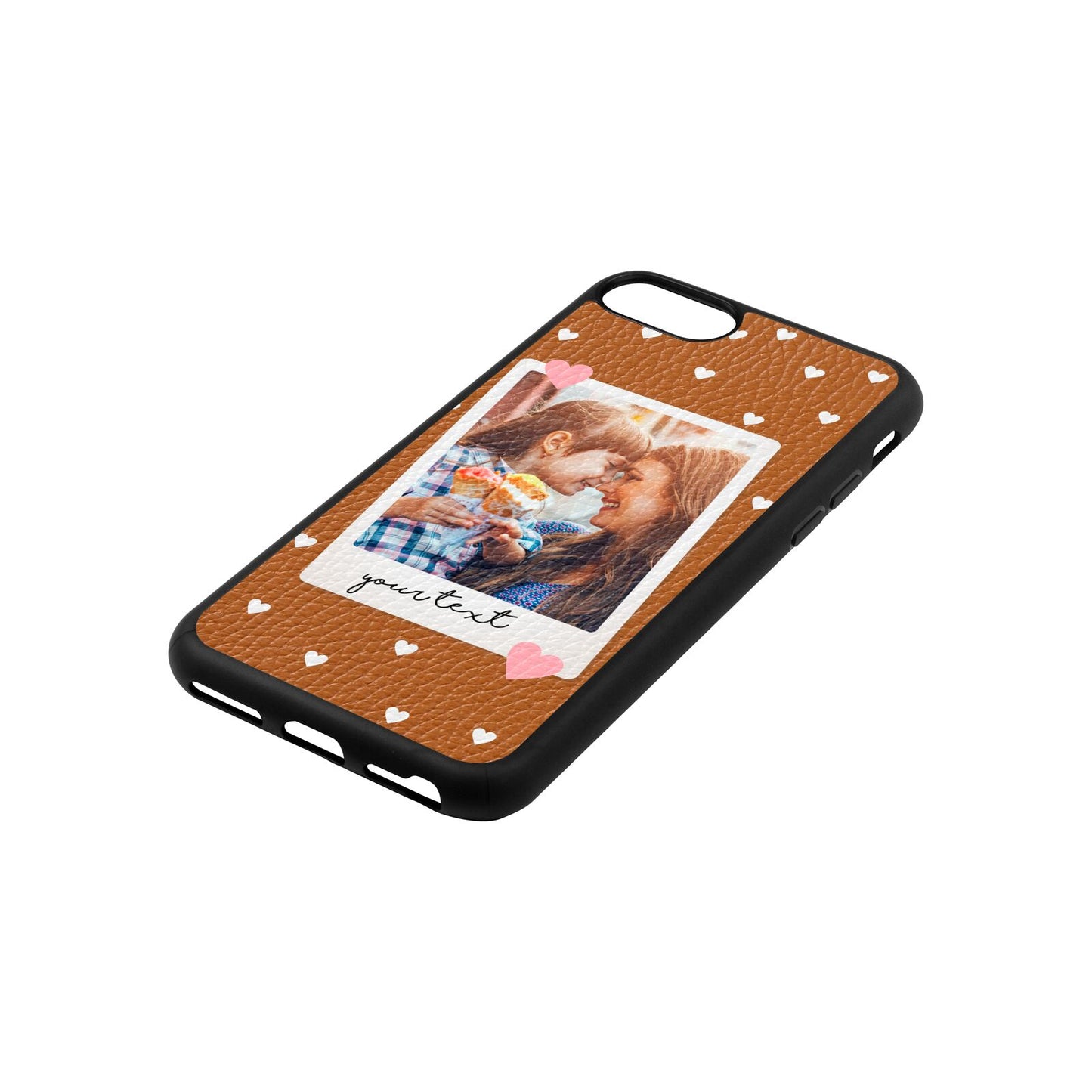 Personalised Photo Love Hearts Tan Pebble Leather iPhone 8 Case Side Angle