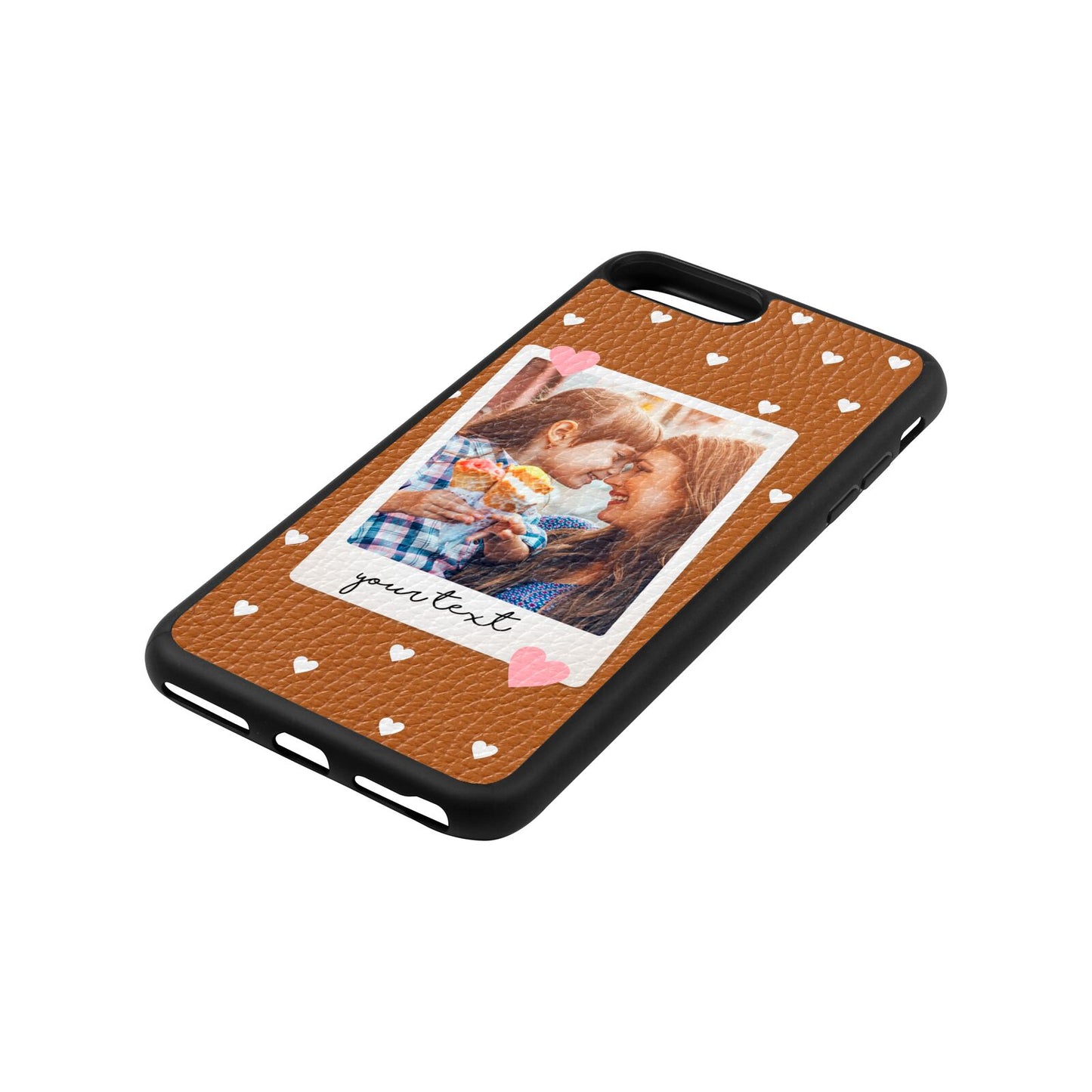 Personalised Photo Love Hearts Tan Pebble Leather iPhone 8 Plus Case Side Angle