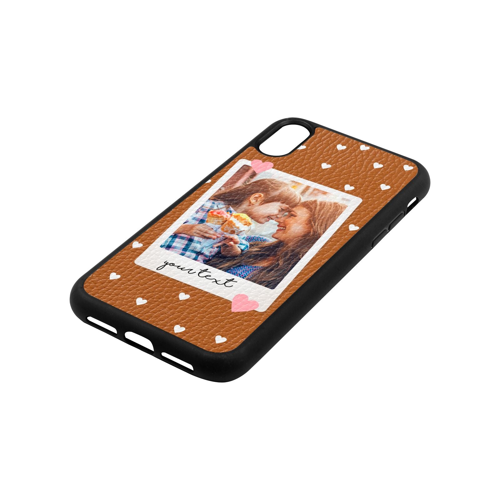Personalised Photo Love Hearts Tan Pebble Leather iPhone Xr Case Side Angle
