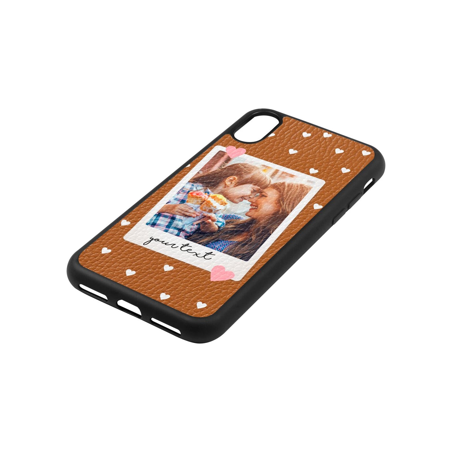 Personalised Photo Love Hearts Tan Pebble Leather iPhone Xs Case Side Angle