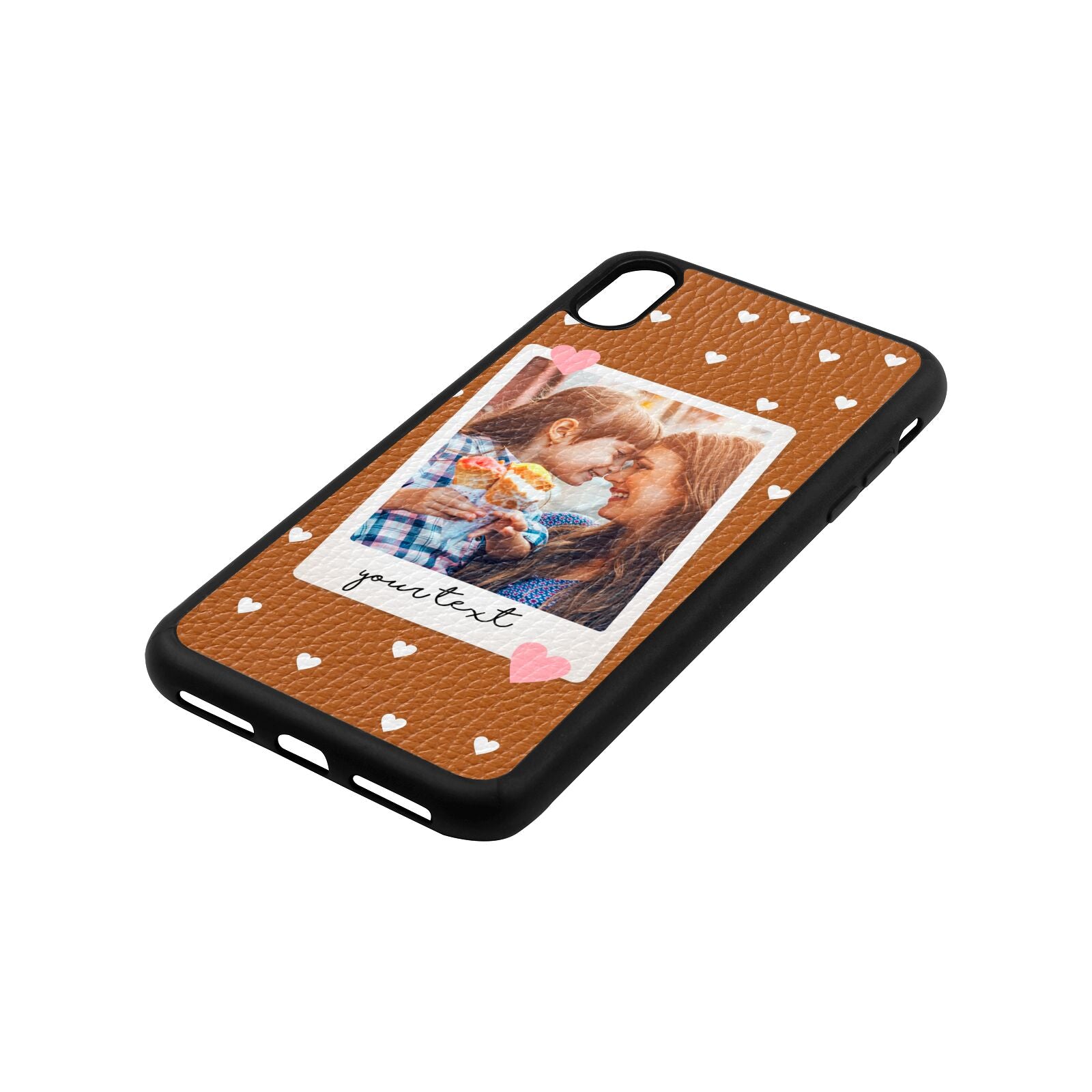 Personalised Photo Love Hearts Tan Pebble Leather iPhone Xs Max Case Side Angle