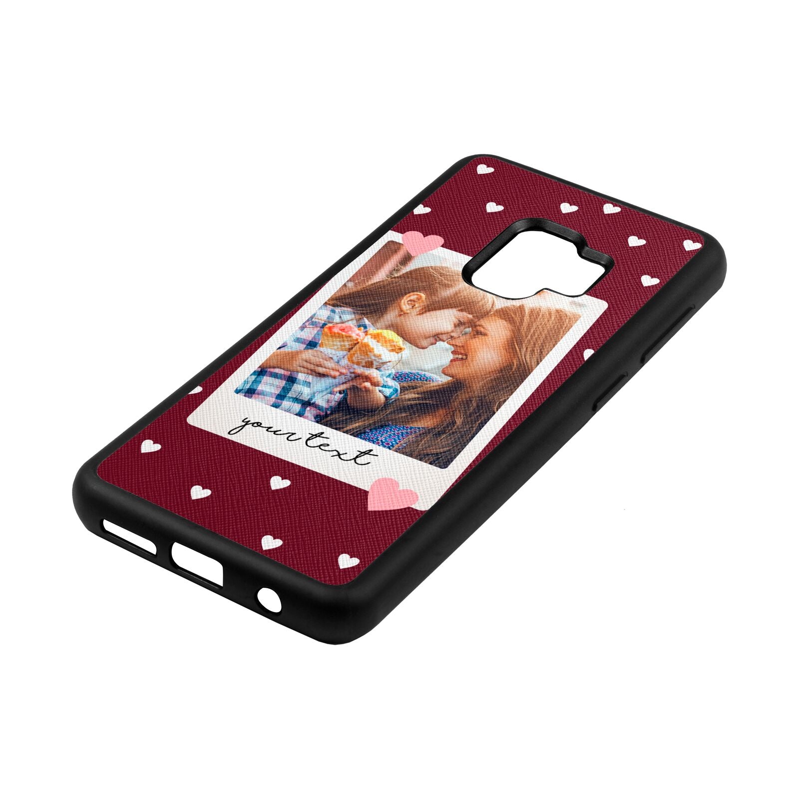 Personalised Photo Love Hearts Wine Red Saffiano Leather Samsung S9 Case Side Angle