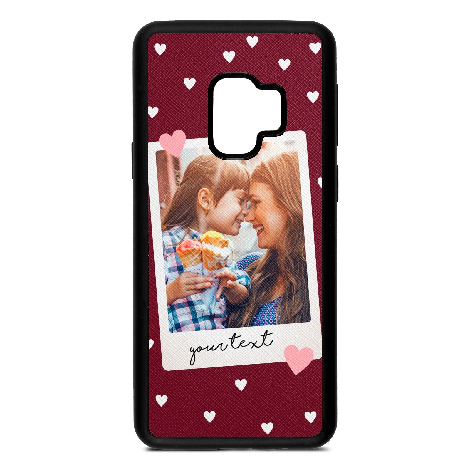 Personalised Photo Love Hearts Wine Red Saffiano Leather Samsung S9 Case